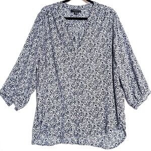 Grace Tunic Top Womens 2X Navy White Floral‎ Print V Neck Three Quarter Sleeve
